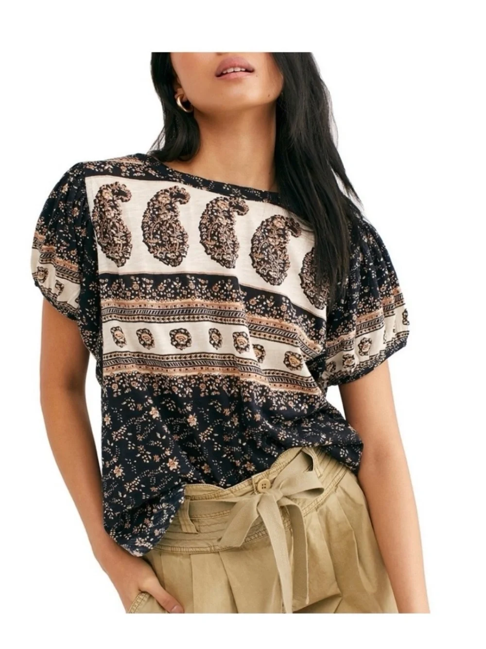 Free People Boho Paisley Print Puff Sleeve Tunic Blouse